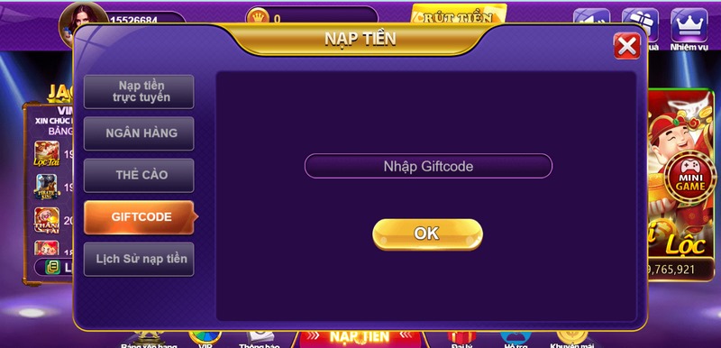 Nạp tiền 68 game bài qua hình thức giftcode với thời gian nhanh chóng